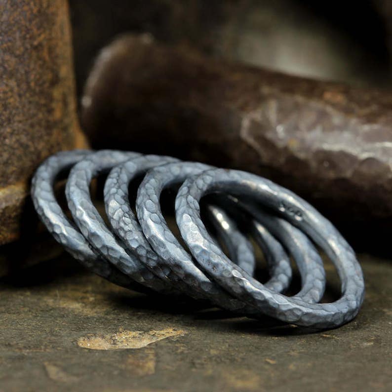 Set of Five Handcrafted Artisan Hammered Oxidized over 925 Sterling Silver Stacking Set Wedding Band Stackable Designer Rings Blackened