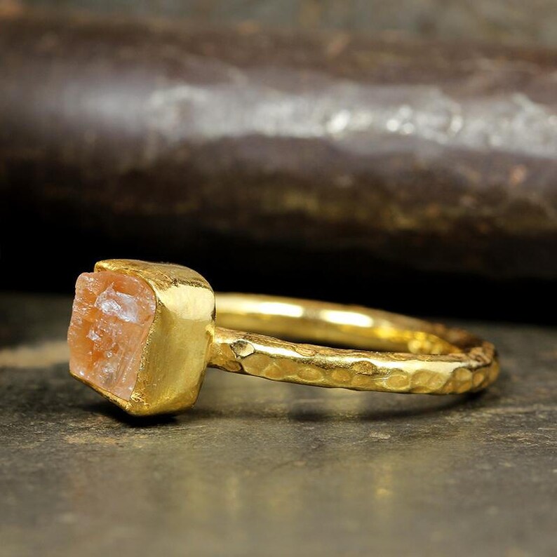 Raw Aragonite Natural Gemstone Rough Handcrafted Hammered Stack 24K Yellow Gold over 925 Sterling Silver Stack Designer Stackable Ring