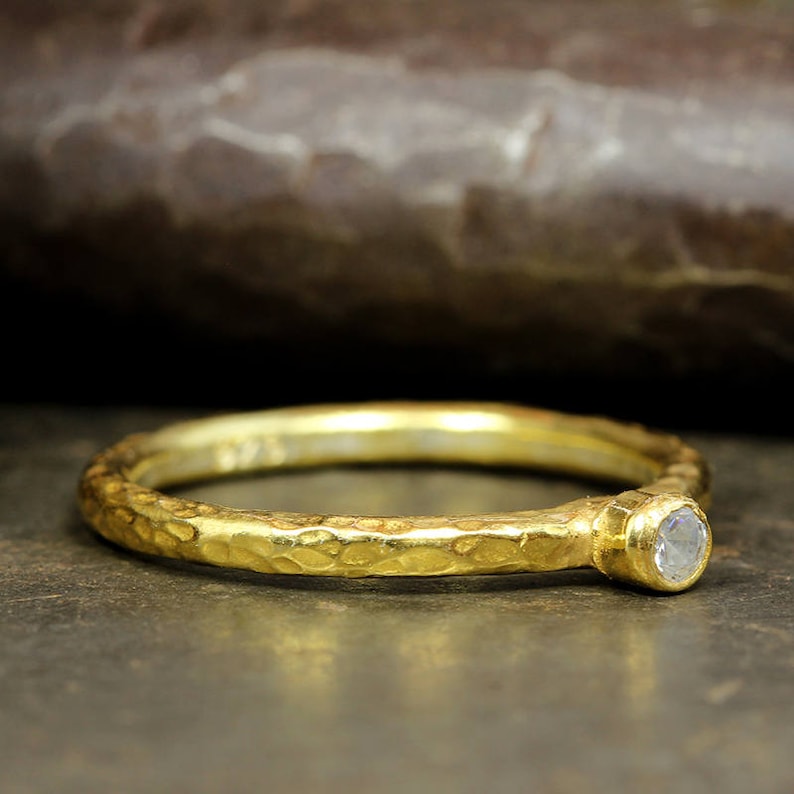 Hammered Artisan 24K Yellow Gold over 925 Sterling Silver Clear Cubic Zirconia Solitaire Stack Stackable Stacking Minimalist Birthstone Ring