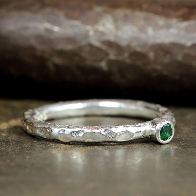 Handcrafted Hammered Artisan 925 Sterling Silver Green Cubic Zirconia Solitaire Stack Stackable Designer Stacking Minimalist Birthstone Ring