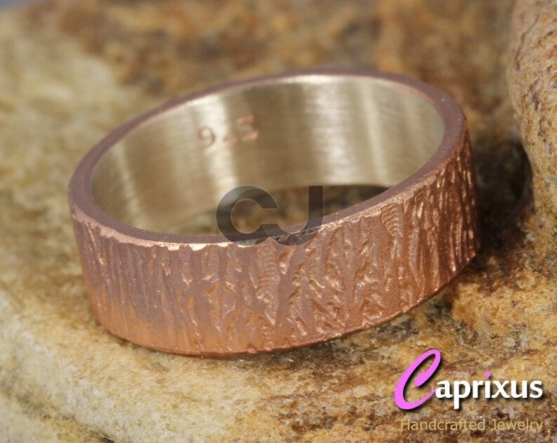 18K Rose Gold Vermeil over Solid Sterling Silver Thick Wedding Band 6mm Handcrafted Wood Bark Tree Bark Texture Ring FREE Engraving