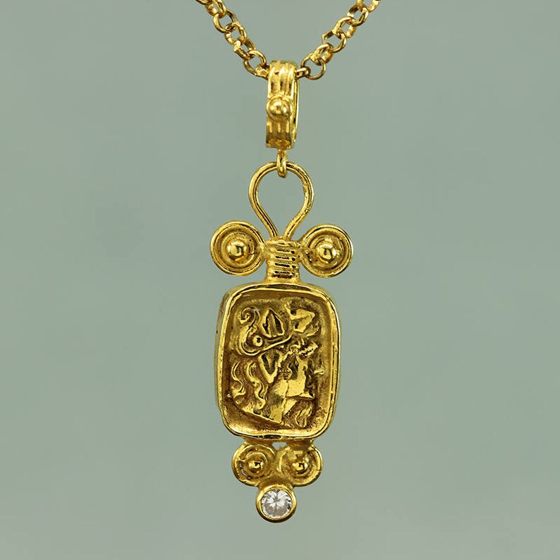 Greek Art Pendant 24K Yellow Gold Cubic Zirconia Stone Handmade Handcrafted Artisan Granulated Jewelry 925 Sterling Silver Ancient Roman