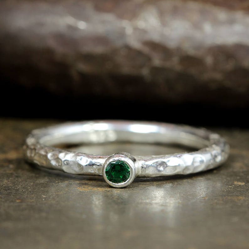 Handcrafted Hammered Artisan 925 Sterling Silver Green Cubic Zirconia Solitaire Stack Stackable Designer Stacking Minimalist Birthstone Ring