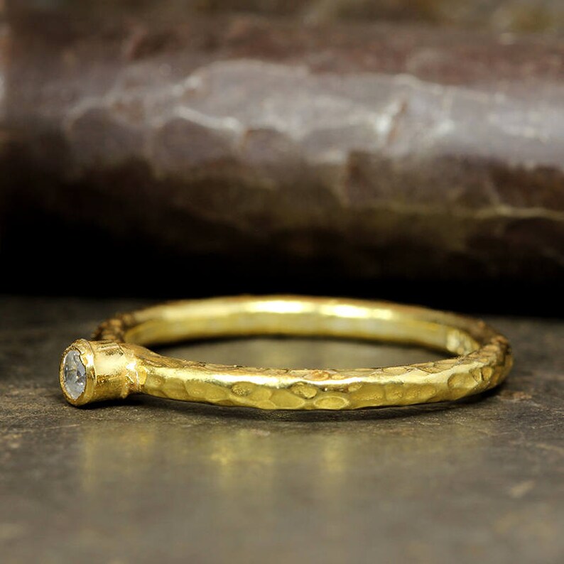 Hammered Artisan 24K Yellow Gold over 925 Sterling Silver Clear Cubic Zirconia Solitaire Stack Stackable Stacking Minimalist Birthstone Ring