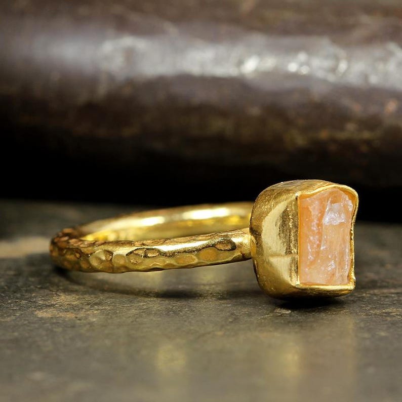 Raw Aragonite Natural Gemstone Rough Handcrafted Hammered Stack 24K Yellow Gold over 925 Sterling Silver Stack Designer Stackable Ring