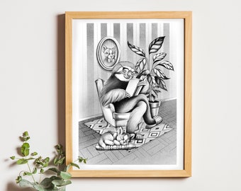 A3 Sloth Reading a Book, original artistic print