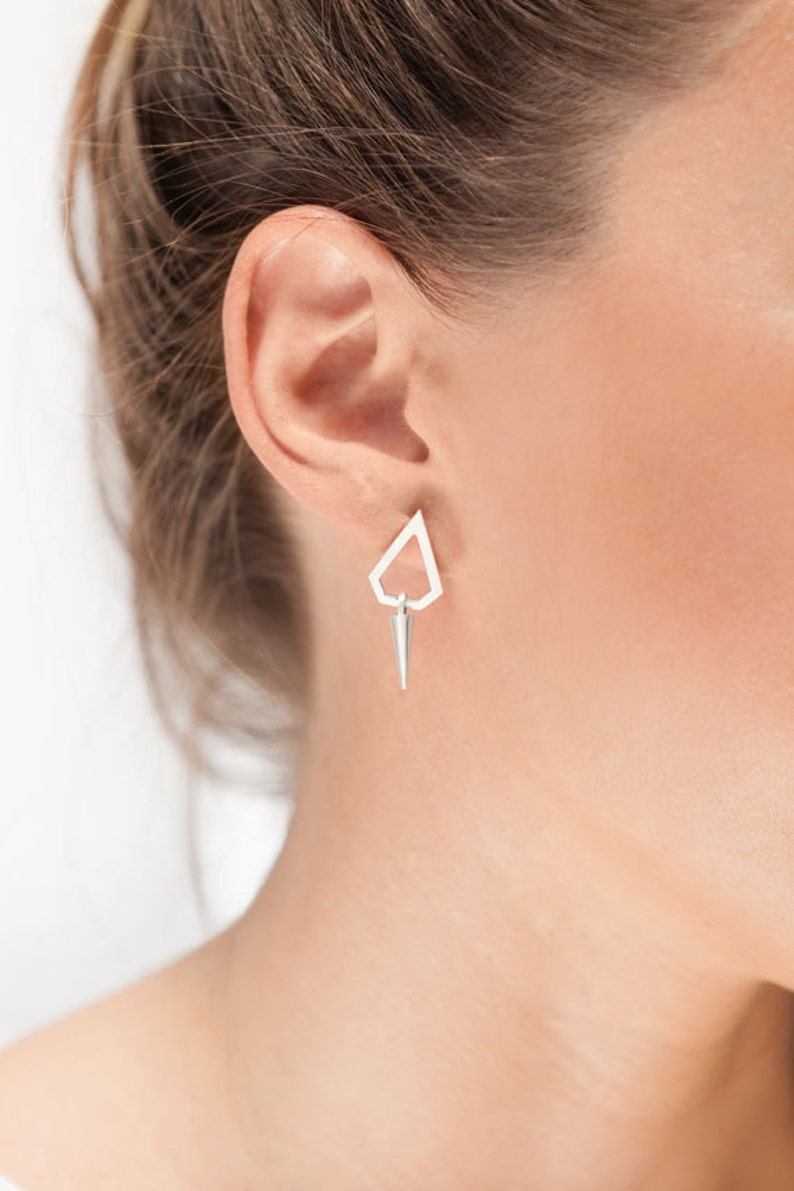 Geometric silver earrings, Polygon earrings, Minimal earrings, women earrings image 1