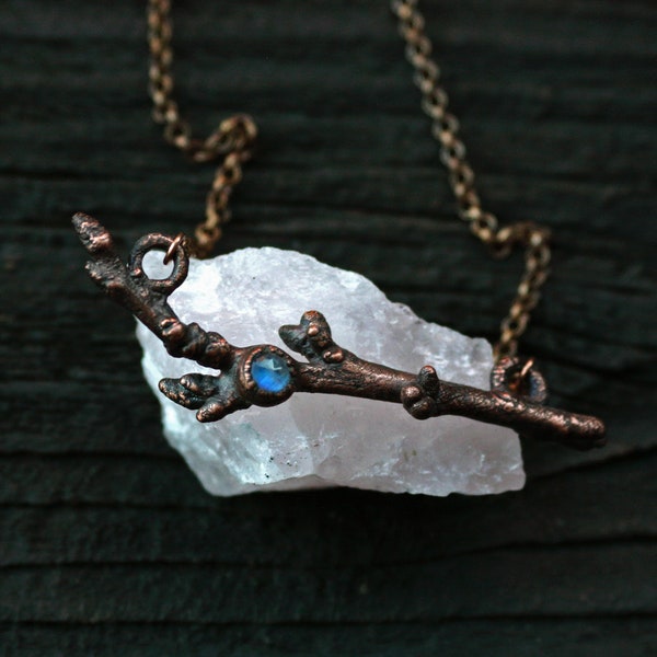 Moonstone twig rustic copper pendant - unique natural gemstone, crystal branch jewelry - electroformed, oxidized - spring boho organic style