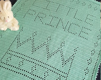 Crochet Blanket Pattern Little Prince Filet Blanket PDF, uk and us versions No48 blue green newborn welcome beginners easy pattern
