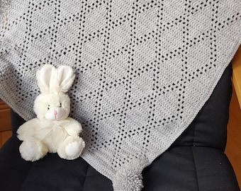 Crochet Blanket Pattern Double Diamond Filet Blanket PDF, uk and us versions No49 grey gender boy girl white newborn beginners easy pattern