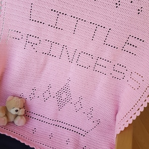 Crochet Blanket Pattern Little Princess Filet Blanket PDF, uk and us versions No47 pink newborn welcome beginners easy pattern
