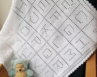 Crochet Baby Blanket Pattern, Filet Crochet, Alphabet PDF, uk & us terms, No46, white,newborn, easy crochet pattern, abc