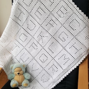 Crochet Baby Blanket Pattern, Filet Crochet, Alphabet PDF, uk & us terms, No46, white,newborn, easy crochet pattern, abc