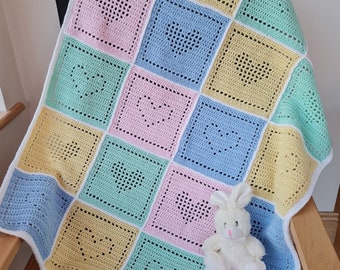 Crochet Baby Blanket Pattern Patchwork Hearts Filet Crochet Blanket pattern PDF, US crochet terms, UK crochet terms No 088, blanket crochet