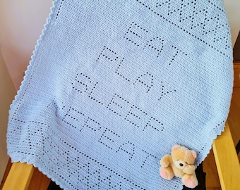 Crochet Blanket Pattern, Eat Play Sleep Repeat Filet Blanket PDF, US crochet terms, UK crochet terms, beginners crochet, easy, No89