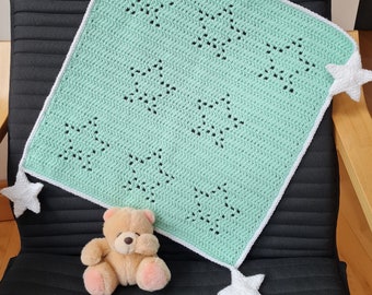 Crochet Blanket Pattern, Star Lovey Filet Blanket PDF, UK terms, US terms, baby blanket, beginners, easy, gender neutral, No69