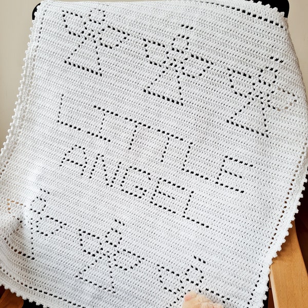 Crochet Blanket Pattern, Little Angel, Filet Blanket PDF, uk & us terms No67, white, newborn blanket, beginners blanket, easy crochet