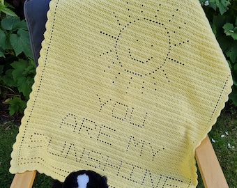Crochet Blanket Pattern You are my Sunshine Filet Blanket PDF, UK & US terms No64 yellow beginners easy