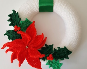 Crochet Pattern Poinsettia Christmas Wreath INSTANT DOWNLOAD PDF, uk and us versions No56, red, xmas, ring, photo tutorial,