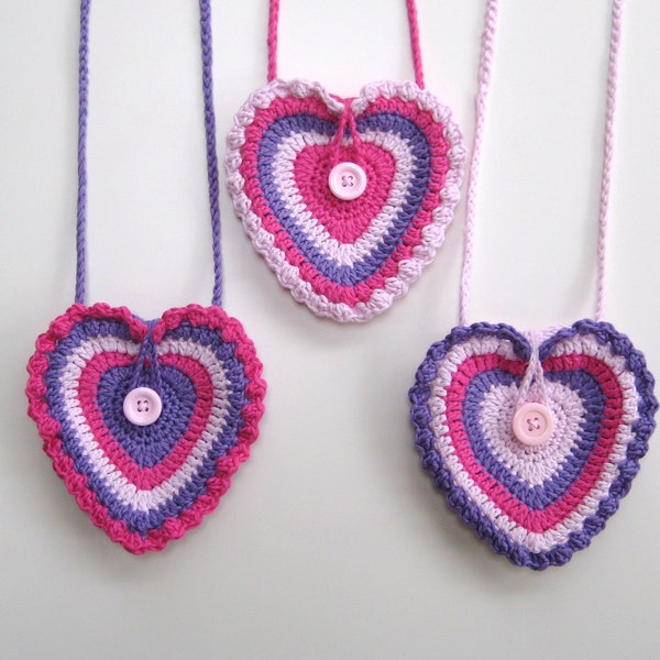 Crochet Bag Pattern Heart purse bag INSTANT DOWNLOAD PDF, girls, with loop and button, crochet, long strap, uk or us crochet terms, No13