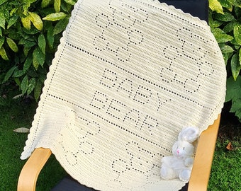 Crochet Baby Blanket Pattern, Baby Bear Crochet Filet Blanket pattern, Baby Blanket Crochet Pattern, US crochet terms,UK crochet terms No65