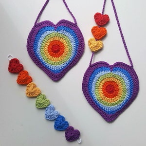 Crochet bag pattern Rainbow Heart Handbag Mini heart bunting PDF patt no28 uk and us terms girls purse bag quick easy garland