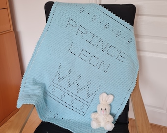 Personalised Crochet Baby Blanket Pattern, Prince Name, Filet crochet, baby crochet blanket, Prince baby blanket, personalized blanket, No78