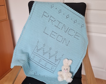 Crochet Baby Blanket Pattern, Prince Name, Personalised, Filet, UK terms, US terms, easy crochet blanket, Prince blanket, blue blanket, No78