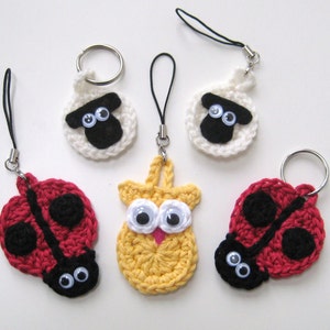 Crochet Pattern keyrings sheep ladybird owl  INSTANT DOWNLOAD PDF, animals, googly eyes, cute, uk and us crochet terms No7