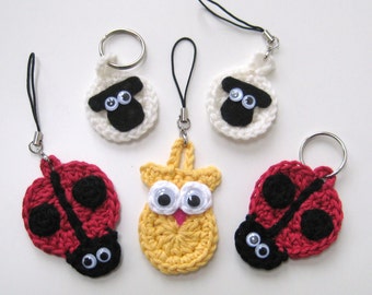 Crochet Pattern keyrings sheep ladybird owl  INSTANT DOWNLOAD PDF, animals, googly eyes, cute, uk and us crochet terms No7