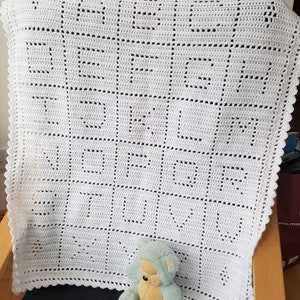 Crochet Baby Blanket Pattern, Filet Crochet, Alphabet PDF, uk & us terms, No46, white,newborn, easy crochet pattern, abc image 3