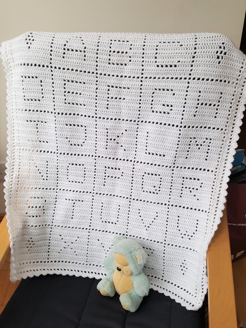 Crochet Baby Blanket Pattern, Filet Crochet, Alphabet PDF, uk & us terms, No46, white,newborn, easy crochet pattern, abc image 3