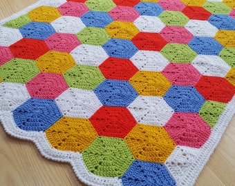 Crochet Blanket Pattern Hexagon Blanket INSTANT DOWNLOAD PDF, uk & us versions No43, simple, hexie, easy, photo tutorial, baby blanket