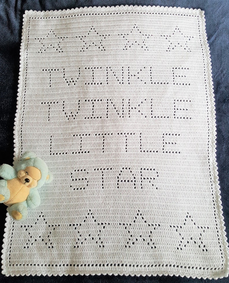 Crochet Blanket Pattern Twinkle Twinkle Little Star Filet Blanket PDF, uk & us terms No50 white newborn beginners easy gender neutral image 4