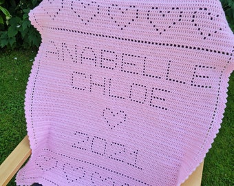 Crochet Blanket Pattern Two Names Year in Hearts Filet Blanket PDF, uk & us terms No61 baby blanket beginners easy personalised customised