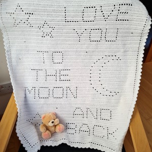 Crochet Blanket Pattern Love You to the Moon and Back Filet Blanket PDF, US crochet terms, UK crochet terms No80 beginners easy image 3