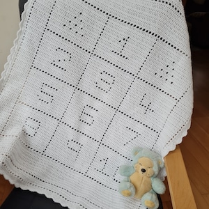 Può includere: Una copertina per neonati in crochet bianco con un bordo a festoni. Un piccolo orsacchiotto di peluche blu e beige è seduto sulla copertina.