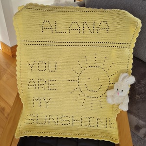 Crochet Blanket Pattern You are my Sunshine Personalised Filet Blanket PDF, UK & US terms No62 yellow beginners easy