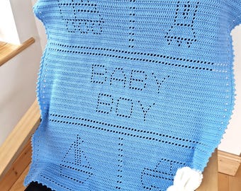 Crochet Blanket Pattern Baby Boy and Toys Filet Blanket PDF,  crochet baby blanket patterns,  baby shower gift, easy crochet blanket, No132