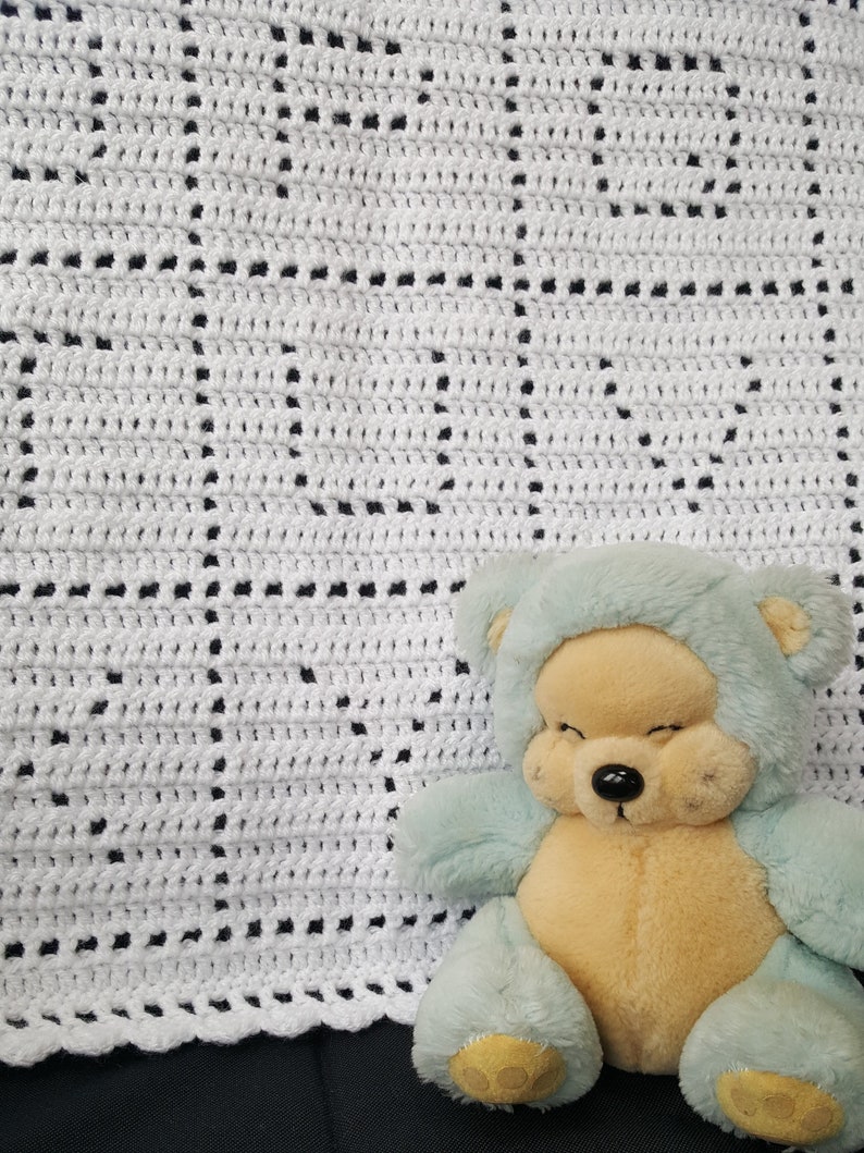 Crochet Baby Blanket Pattern, Filet Crochet, Alphabet PDF, uk & us terms, No46, white,newborn, easy crochet pattern, abc image 4