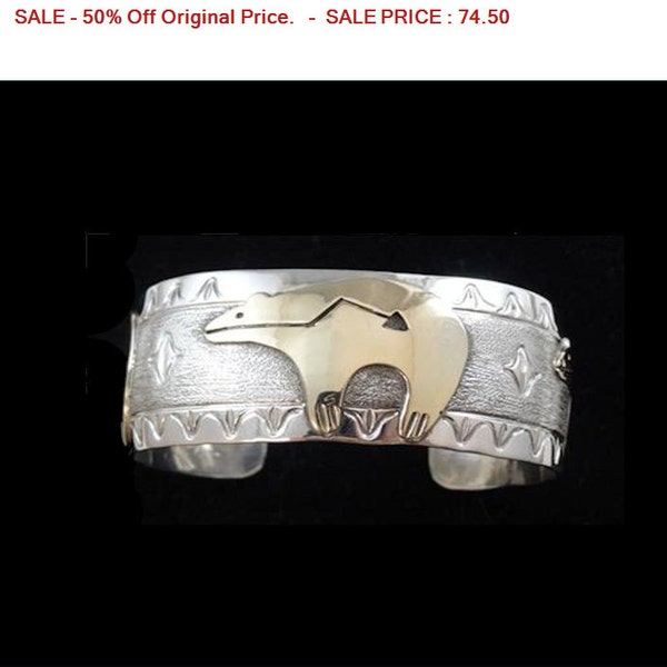 SALE - 50% Off Original Price.   Native American, Zuni STERLING SILVER & Gold Overlay Bear Cuff Bracelet Signed, Jewelry, Bohemian