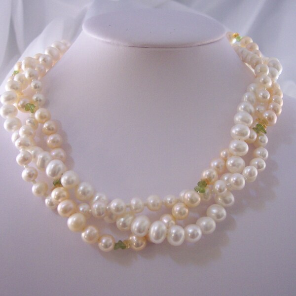 NECKLACE, PEARL.  Akoya Cultured White and Pink Pearl, Citrine, Peridot and Sterling Silver 18", Free Shipping