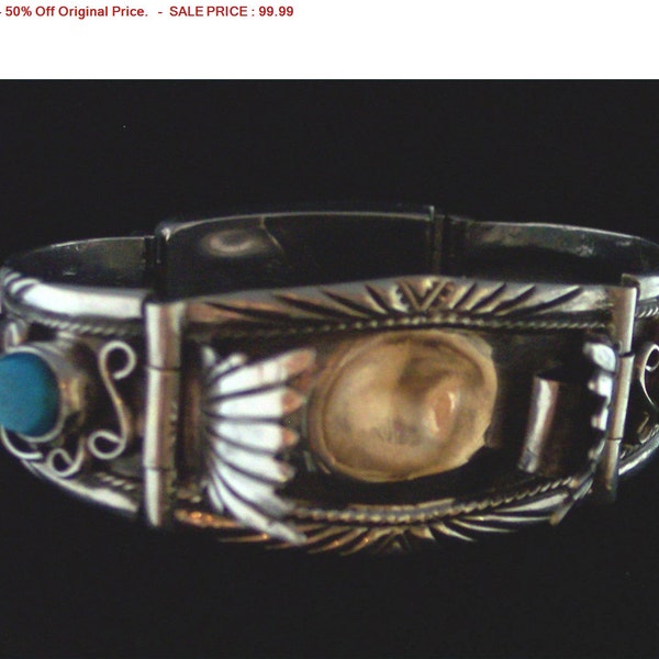 SALE - 50% Off Original Price.   Vintage Hallmarked Native American Navajo Sterling Silver Turquoise & Coral Watch Bracelet