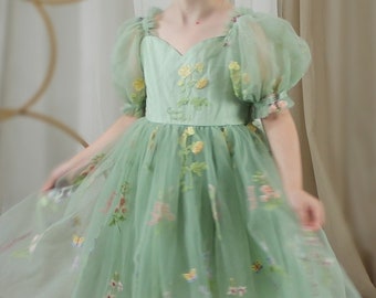 Flower Girl Dress, Fairy Dress, Sage Embroidery Dress, Girls Floral Dress, Spring Flower Girl, Junior Bridesmaid Birthday Short Sleeve Dress
