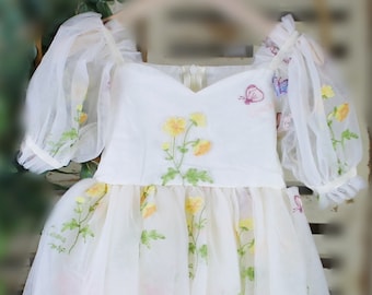 Vestido de niña de flores de marfil, vestido floral de niñas, vestido de cumpleaños de hadas, vestido de bordado de niña de flores de primavera, dama de honor junior, manga corta