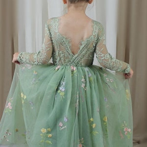 Flower Girl Dress Sage Green Flower Girl Dresses, Toddler Flower Girl Dress, Floral Tulle Girl Dress, Easter Dress, Spring Long Sleeve Dress