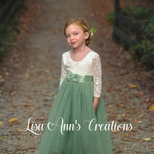 Sage Green Flower Girl Dress Rustic Flower Girl Toddler Special Occasion Dress Flower Girl Dress Lace Long Sleeve Junior Bridesmaid Dress