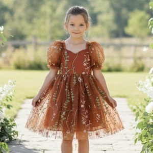 Vestido de niña de las flores naranja quemado floral Vestidos de niña de las flores Vestido de niña de las flores de otoño Vestido bordado Vestido de hada Vestido de cumpleaños Vestido de manga corta