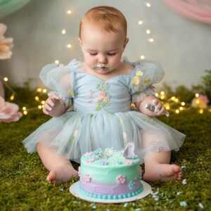 First birthday dress in a light blue floral for a fairy theme. Capture the charm of a baby girls floral dress in puffy shorts sleeves and a built in bodysuit.