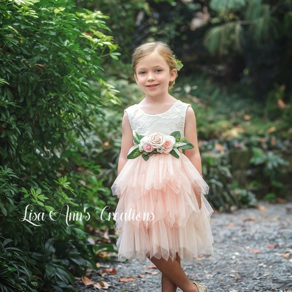 Flower Girl Dress Light Peach Flower Girl Baby Flower Girl Boho Flower Girl 1st Birthday Dress Sleeveless Tiered Knee Dress